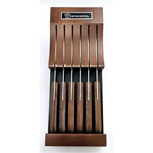 Vintage Westminster 6 Piece Steak Knife Set with Wood Holder Made In Japan
